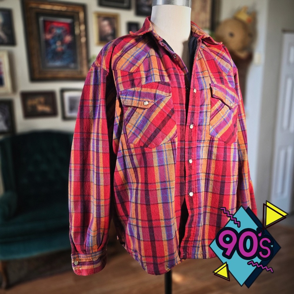 Rustic Outfitters Flannel Shirt Vintage‎ 90s Quilted Lining Plaid Pearl Snap XL